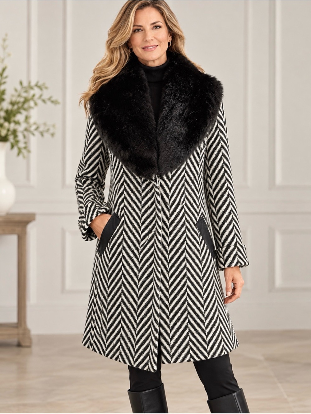 NWT Via Spiga Herringbone Faux Fur Collar Coat-Medium